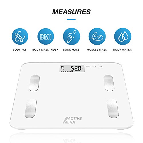 Active Era Báscula Ultrafina Digital Analiza Peso, Grasa Corporal, Muscular y Ósea e IMC. Peso de Baño de Diseño con Medición Exacta - Blanca