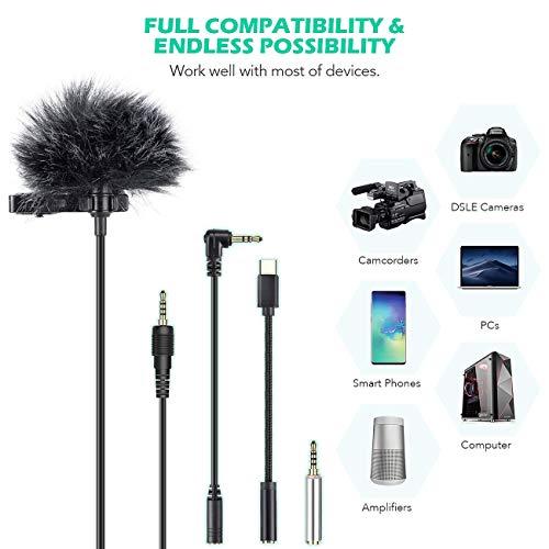 AGPTEK Micrófono de Solapa con Parabrisas, Z02C Lavalier Micrófono Omnidireccional con 3 Adaptadores, 2M Cable para Smartphones, PC, Videocámaras, Negro