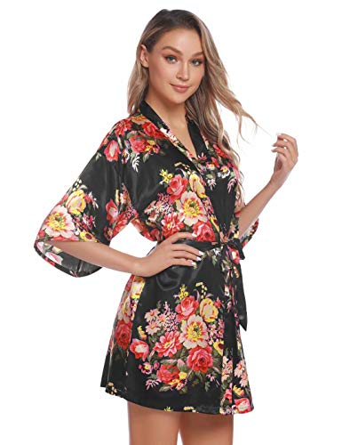 Aiboria Kimono Mujer Satén Albornoz Pajames Corta Bata Albornoz Floral para Novia Damas de Honor Ropa de Noche