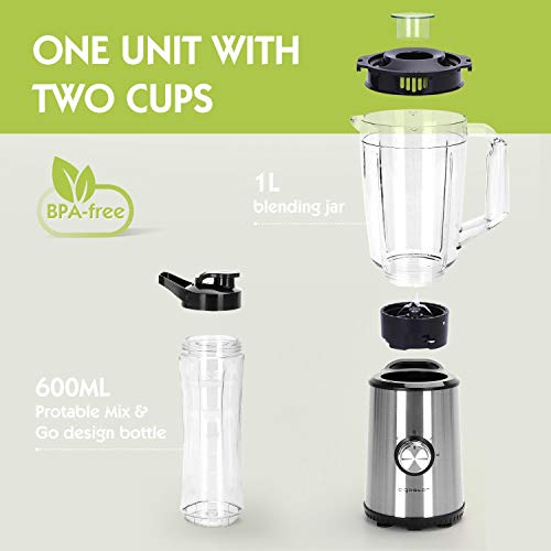 Aigostar Baron - Batidora de vaso individual para frutas, verduras y smoothies, batidora portatil 350W. Jarra 1 litro, botella 600ml, 2 controles de velocidad. Libre de BPA.