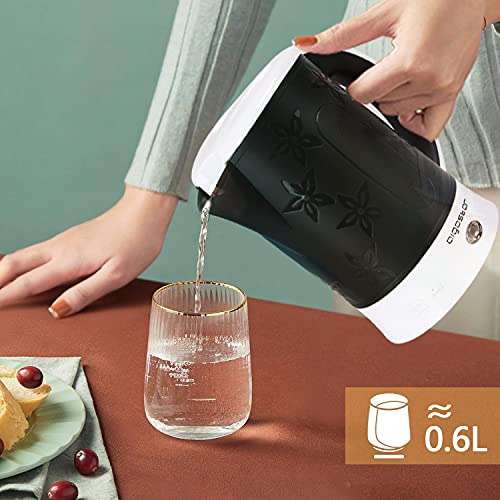 Aigostar Cooltravel Hervidor de Agua Compacto 0,6 Litros, Libre de BPA, 650W Hervidor Agua Pequeño, Apagado Automático, Protección Contra la Ebullición en Seco. Incluye dos tazas y dos cucharas, Negro