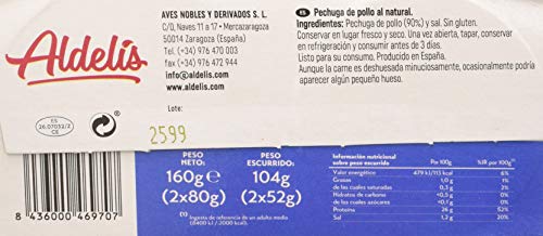 Aldelís Conserva Pechuga de Pollo al Natural Pack 16 x 2 Unidades de 80 g