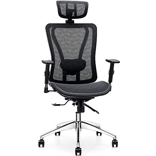 Allguest Silla de Oficina de Malla ergonómica, Silla de Escritorio de Respaldo Alto con Soporte Lumbar Ajustable, reposabrazos de PU y reposacabezas y Asiento de Malla