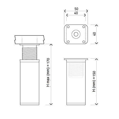 Alusfera Patas de Mesa de Metal Regulables en Altura para Muebles, Patas de sofá o zócalo, Perfil de Aluminio, 4 Unidades, 40 x 40 mm (150 mm, INOX), 4 x 40 x 40 x 150, 150 mm