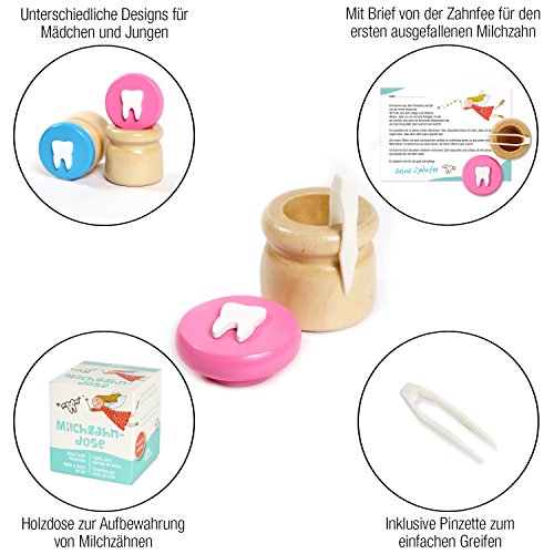 Amazy Caja para dientes de leche (Pequeña | Rosa) Incl. pinza y carta del Hada de los Dientes – Recipiente de madera para dientes de leche