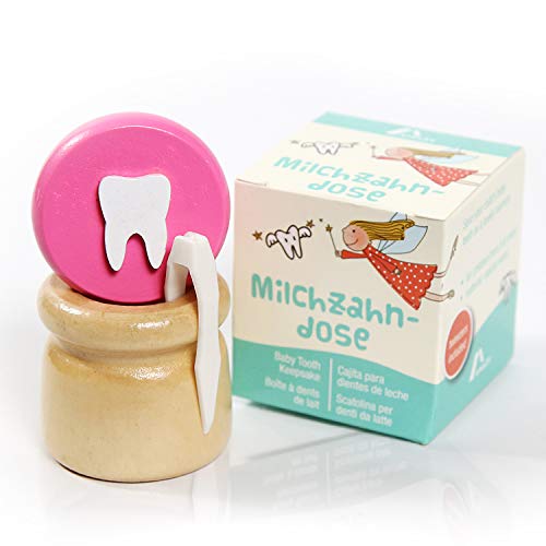 Amazy Caja para dientes de leche (Pequeña | Rosa) Incl. pinza y carta del Hada de los Dientes – Recipiente de madera para dientes de leche