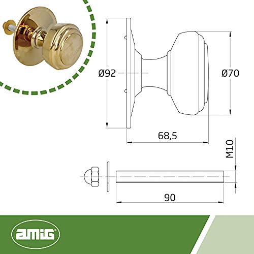 Amig - Pomo Mod 12 Dorado Redondo de Latón Macizo con Acabado PVD para Puertas Exteriores de Entrada | Diámetro Tirador Ø70 mm · Altura 68,5 mm | Fácil de Instalar Incluye Tuerca de Fijación