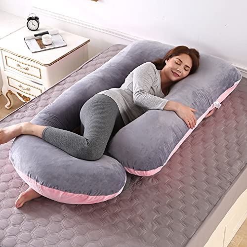 ARNTY Almohada Embarazada u Dormir,Almohada para Embarazadas,Almohada de Maternidad con Funda Extraíble y Lavable para Espalda,Dormir Y Alimentarse (Terciopelo-Rosa&Gris)