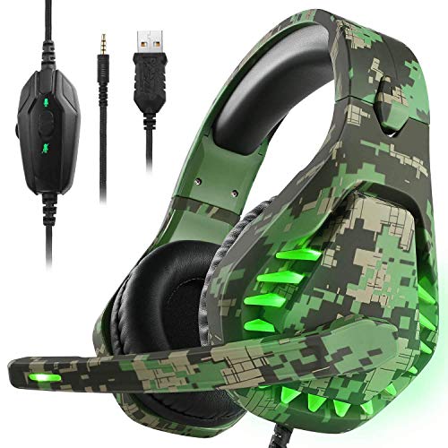 Auriculares para Juegos para Ps5 Xbox One Pc Auriculares con MicróFono Luz Led con CancelacióN De Ruido sobre El OíDo Compatible con Switch Games Laptop Mac Ps4 (Camuflaje Verde)