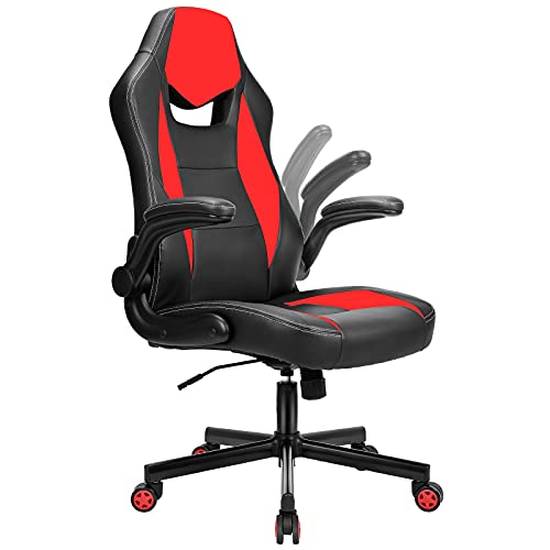 BASETBL Silla Oficina Ergonómica, Silla Gaming Cuero PU con Altura Ajustable, Silla Racing Butaca Plegable, Silla Escritoria Giratoria, Carga Máx 150kg (Rojo)