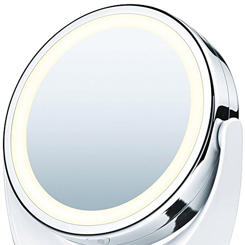 Beurer BS 49 Espejo maquillaje con luz LED brillante (12 LEDs), espejo pivotante, 2 espejos en 1, cara vista normal, uno con aumento x 5, 17,5 x 19 x 10 cm, Blanco con Acabados Cromados