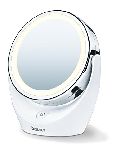 Beurer BS 49 Espejo maquillaje con luz LED brillante (12 LEDs), espejo pivotante, 2 espejos en 1, cara vista normal, uno con aumento x 5, 17,5 x 19 x 10 cm, Blanco con Acabados Cromados