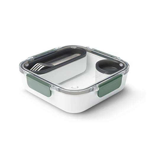 Black+Blum | Sin BPA, a prueba de fugas, apto para microondas Bento Box Style Compartimiento contenedor de alimentos, con tenedor de acero inoxidable, oliva, 1000 ml