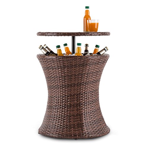 blumfeldt Beerboy Mesa de jardín Enfriador Bebidas por Hielo (Ø50cm, 60L Capacidad, mesilla Exterior poliratán, Altura Regulable, Taburete Soporte Bebidas, Resistente Intemperie, Bicolor marrón)