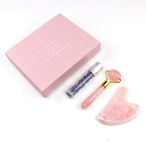 bobotron Rodillo de jade de cuarzo rosa para gua sha y masaje facial, herramienta para levantar la cara, guasha masaje con piedras preciosas