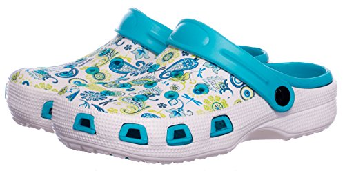 BRANDSSELLER Zuecos de Mujer | Zapato de jardín | Zapatillas | Zapatos de baño | Zapatillas Sandalias | Patrón Floral | Azul/Blanco | 37 EU