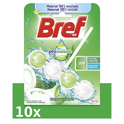 Bref Pro Nature Menta y Eucalipto - Limpiador perfumador en pastillas higienizante para baño, formato de repuesto, 10 unidades