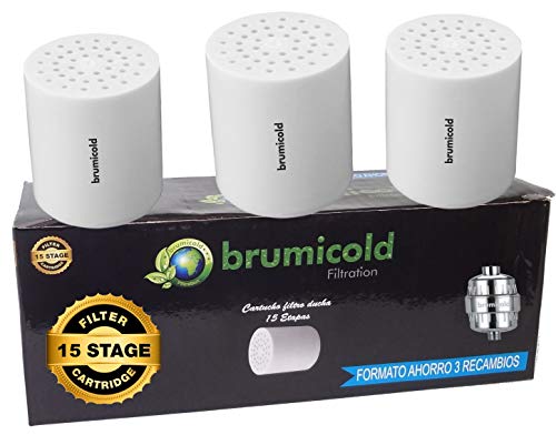 BRUMICOLD SPAIN PACK AHORRO 3 FILTRO DUCHA RECAMBIO cartucho 15 Etapas, compatible con los filtros de 6,8,10,12 Etapas vitamina C, ideal para piles atópicas, reduce incrustaciones