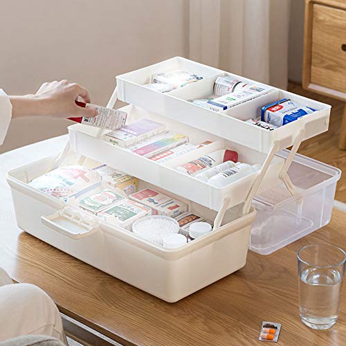 Caja de Medicamentos - Caja de Plástico para Primeros Auxilios, Contenedor Multicapa con Asa, apto para Casa, Oficina, Coche, 31 x 18 x 16 cm, Blanco