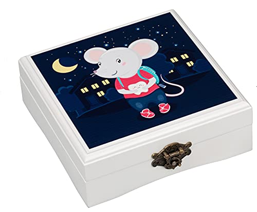 Caja para Guardar Dientes de Leche Ratoncito Pérez - Español - Niño y niña - Madera Blanca - 16x16cm - Diseño a Color Ratón Exclusivo