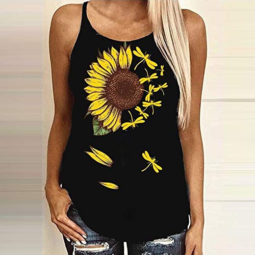 Camiseta sin Mangas Chaleco para Mujer, Moda Tops Camisa Sexy de Cuello Halter Blusa con Estampado de Girasol Camiseta Corta Transpirable Verano Camisetas de Playa Blusa De Tirantes(B Amarillo,S)