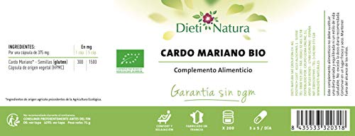 Cardo Mariano Bio 200 cápsulas de Dieti Natura. Protector del hígado [Fabricado en Francia][Certificado ecológico FR-BIO-01][Garantía Sin OGM ni Gluten] (Bote de 200 cápsulas)