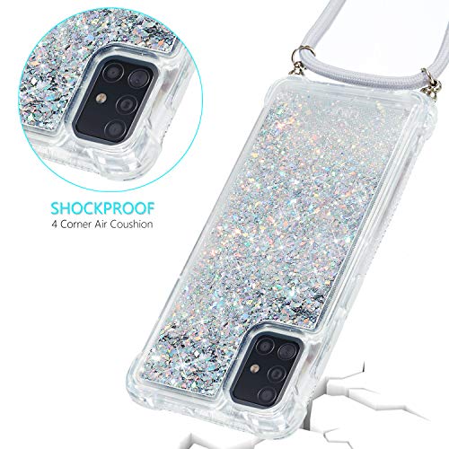 Caselover Funda para Samsung Galaxy A71, Carcasa Glitter Arena Movediza Transparente Silicona Case con Cuerda para Samsung Galaxy A71 Colgar Ajustable Collar Correa de Cuello Cordón Fundas, Argén