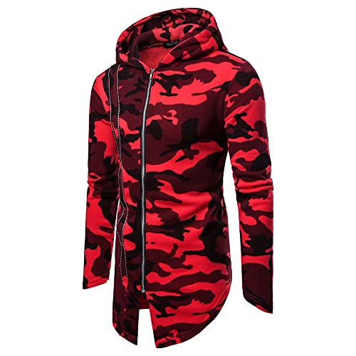 Chaqueta Sudor Hombres Camuflaje/Color Sólido Slim Fit Chaqueta Hombres Moda Casual Dobladillo Irregular Chaqueta Capucha Hombres Primavera Otoño Chaqueta Transición Hombres F-Red XL