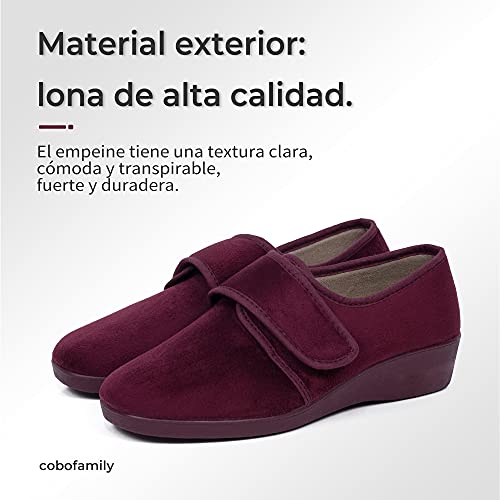 CoboFamily Zapatillas de Casa Mujer Invierno Cómodas, Zapatos Mujer Paño Cuña Cerradas, Suela Caucho Talla 35-41 MADE IN SPAIN (37, Burdeo)