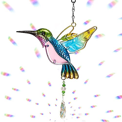 Colgante De Prisma De Cristal, 1 Pezzo Cristallo e Ferro Colibrí Colgante Prisma, Cristal con Atrapasueños de Colibrí, Colibrí Arco Iris Adorno, para Hogar, Ventana, Jardín, Pared Decoración(Azul)