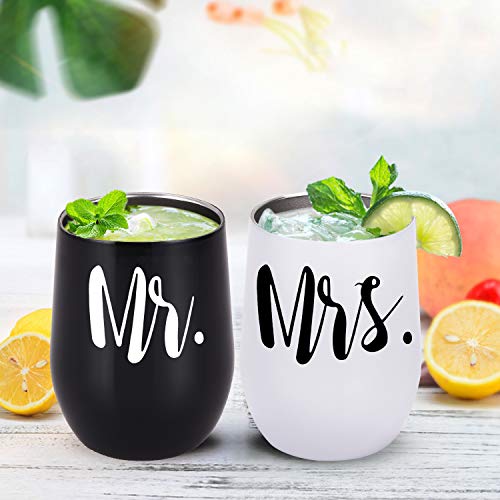 Copa de vino regalo de boda para novios, 12 oz Mr Mrs, copa de vino para regalos de boda, vaso de vino de acero inoxidable con tapa y cepillo de pajita para novios, regalo de compromiso, Navidad