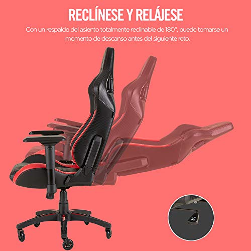 Corsair T1 Race - Silla de Polipiel Videojuegos (Fácil de Ensamblar, Giratoria Ergonómica, Altura Ajustable y Reposabrazos 4D, Asiento Ancho y Cómodo con Reclinador Alto) Rojo