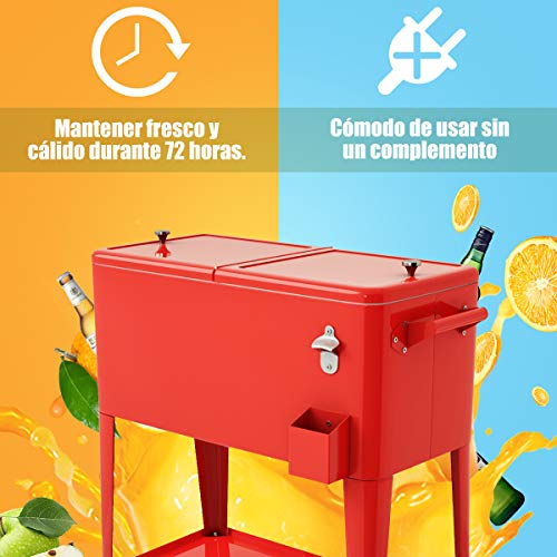 COSTWAY Carrito Nevera 76L Carro Portátil para Bebidas y Hielo con Ruedas para Exterior Patio Fiesta Terraza