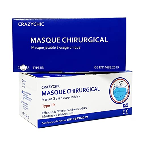 CRAZYCHIC - Mascarilla Quirurgica Homologada Certificación CE EN14683 Tipo IIR - Mascarilla Desechable Máscara 3 Capas Protectora Boca Nariz - Entrega Rápida - Paquete de 100 piezas