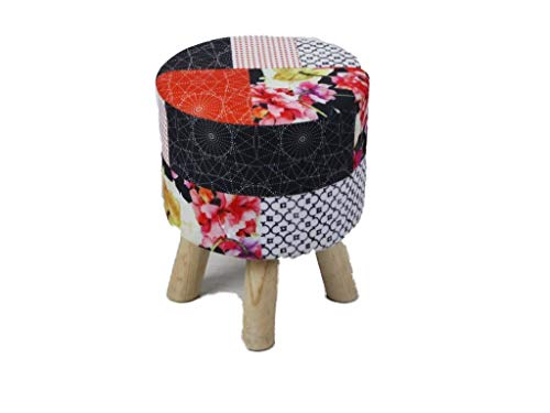 DECOHOUSE Taburete Patchwork - REPOSAPIES Puff Redondo - Patas Madera Y Bonito Estampado