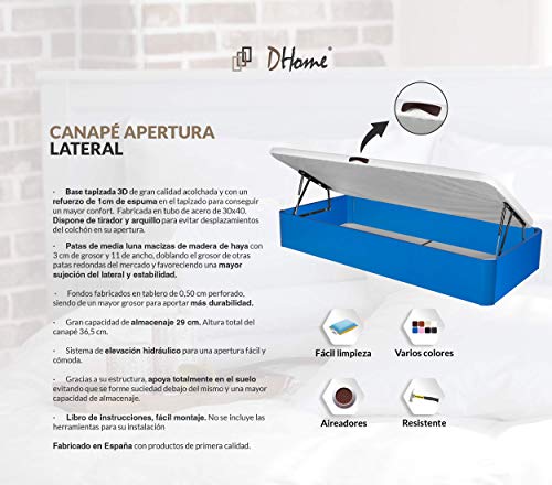 DHOME Canape Abatible Tapizado 3D Juvenil Infantil con Apertura Normal o Lateral Esquinas Macizas de Haya canapé Madera (90x190 22mm Ap. Lateral, Azul)