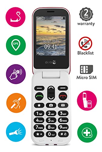 Doro 6060 Teléfono Móvil 2G Dual SIM para Mayores con Tapa con Teclas Grandes, Pantalla Externa, Botón SOS con GPS y Base de Carga [Versión Española y Portuguesa] (Rojo)