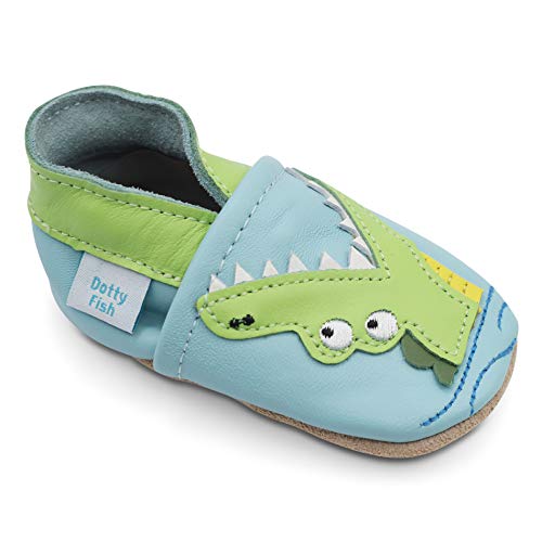 Dotty Fish Boys Soft Leather Baby Shoes with Animal Designs, Zapatos para BEB Unisex niños, Cocodrilo Azul, 2 3 años EU