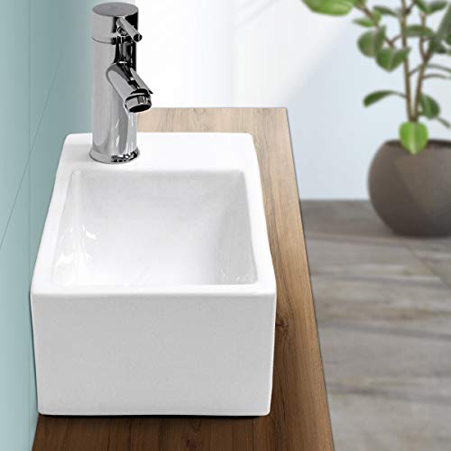 ECD Germany Lavabo Cerámico Cuadrado con Agujero Conexión Estandar - Blanco - Lavamanos sobre Encimera - 350 x 205 x 125 mm - Diseño Moderno - Fregadero sin Juego de Desagüe - Realza Cada Baño o Aseo