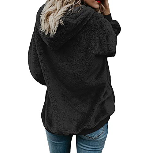 Enwokran Sudadera con Capucha para Mujer con Cremallera, Teddy Fleece Pullover Moda Sudadera con De Forro Polar, De Manga Larga, Monocolor, De Felpa Clásico para Otoño e Invierno (Negro, L)