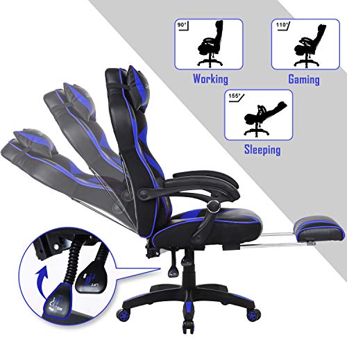 Ergonómica Silla computadora, Masaje Silla Gaming, Silla Gaming con Reposapiés, Silla Gaming Giratoria, Sillones de Oficina para Gamer, E-sports Sillas de juego para jugador, Silla de Racing (Azul)