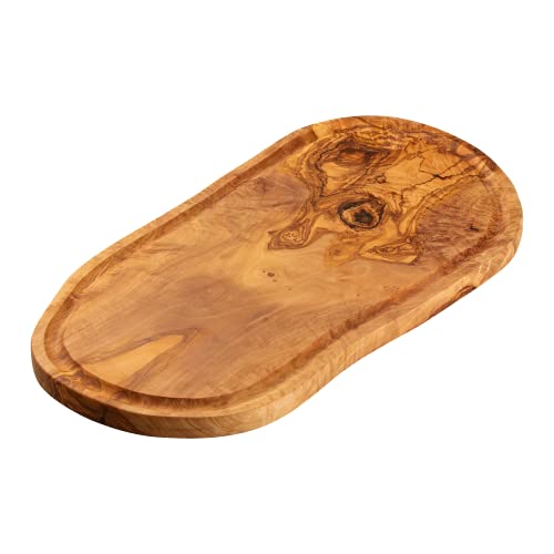 Erreke Tabla de Cortar de Madera Olivo Natural, Pieza Única, Tabla Cocina para Servir, Picar, Carne Barbacoa Queso Pan (39cm largo aprox, con ranura)