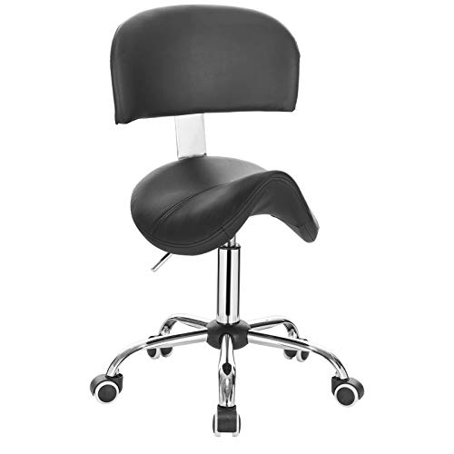 EUGAD Taburete con Ruedas Taburete de Trabajo Giratorio Piel Sintética Regulable en Altura PU Silla Giratoria Taburete de Bar con Respaldo Taburete de Peluquería Negro