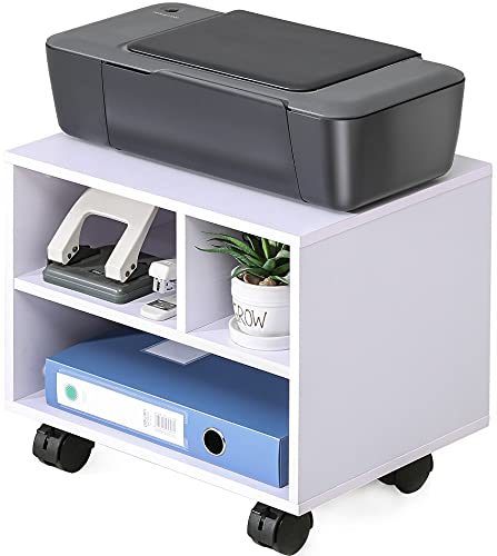 FITUEYES Soporte para Impresora Madera Blanco 3 Compartimientos con Ruedas Carrito Organizador para Oficina Casa 40x30x35cm PS304005WW