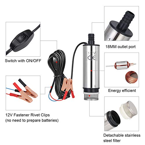 flintronic Bomba de Agua y Aceite, 12V Bompa Sumergible de Acero Inoxidable Bomba de Combustible Diesel Transferencia de Líquido Aceite Agua por Auto, Caravana, Marino, Barca