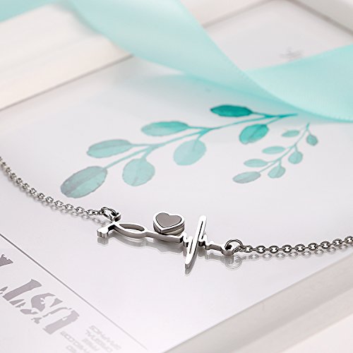 Flongo Tobillera de Electrocardiograma Pulsera de Corazón, Acero Inoxidable Pulsera de Mujer Adorable, Preciosa Tobillera Plateada 24.5cm + 3cm