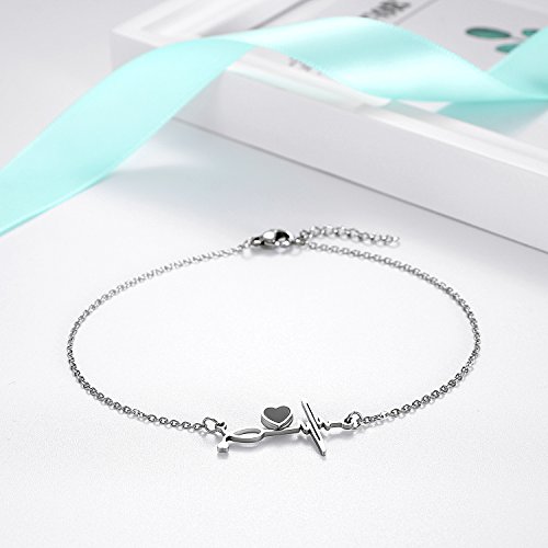 Flongo Tobillera de Electrocardiograma Pulsera de Corazón, Acero Inoxidable Pulsera de Mujer Adorable, Preciosa Tobillera Plateada 24.5cm + 3cm