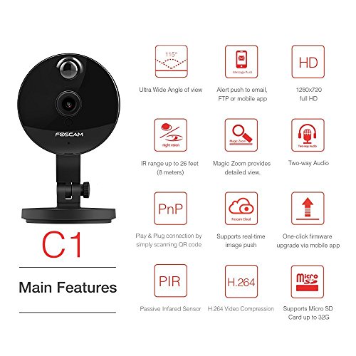 Foscam C1 720P HD WiFi - Cámara IP de Seguridad, Lente 1MP con P2P, Audio Birireccional, Negro