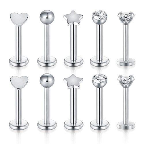 Funseedrr 5 Par 16 Gauge Labio Labret Stud Piercing Bars 8mm Plata Acero Inoxidable Tragus Helix Piercing Joyas