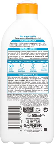 Garnier Delial Sensitive Advanced - Leche Solar para Pieles Claras, Sensibles e Intolerantes al Sol, Alta Protección IP50+ - 400 ml